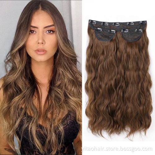 wholesale Long Wavy Hair Extensions 2P 5P Thick Hair Invisible Head Synthetic Hairpiece for Women Brown wavy hair